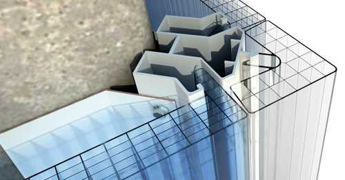 soluzione di continuità angolare utilizzando il profilo in alluminio 4588 ed il profilo in pc 2550